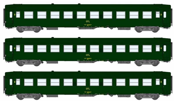 REE Modeles VB-103 - Luxembourg CFL set of 3 UIC CARS (3 x B10) Celtic Green 301, grey Frame, Era IV